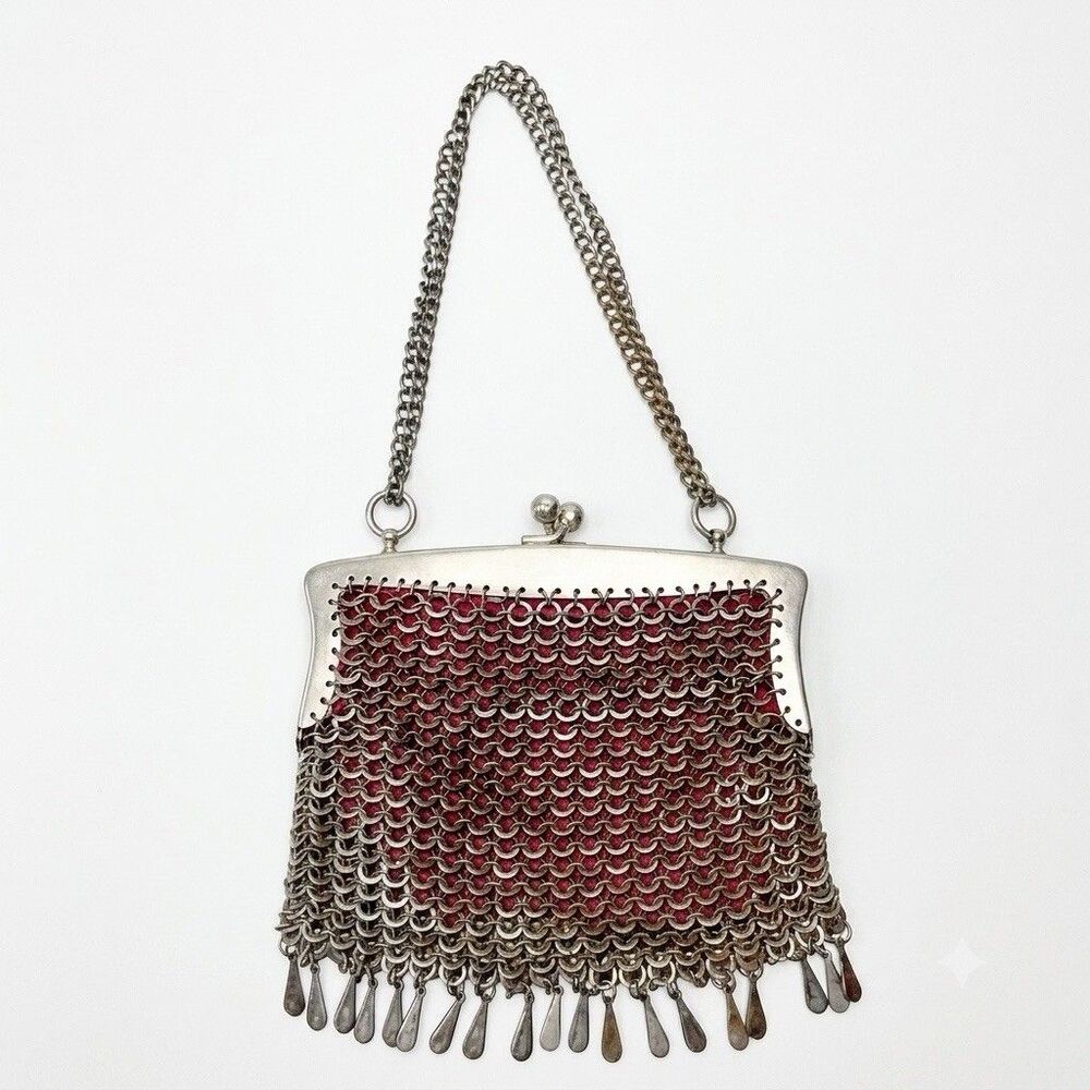 Antique German Silver Ring Mesh Coin Purse Victorian Art Deco Pink Silk Liner